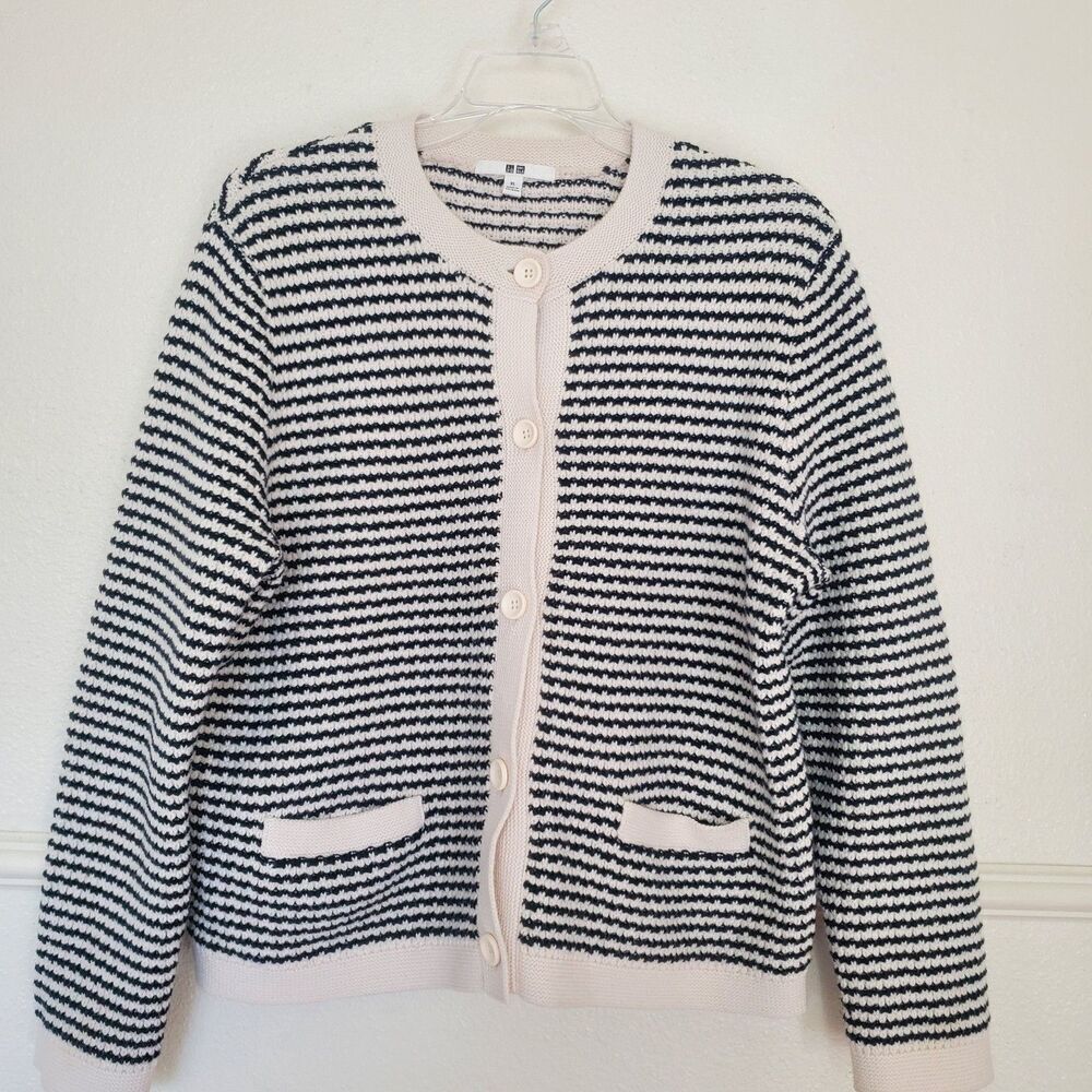 Uniqlo Cardigan Knitted Short Jacket Striped Black On Ecru Button Womens Sz XL